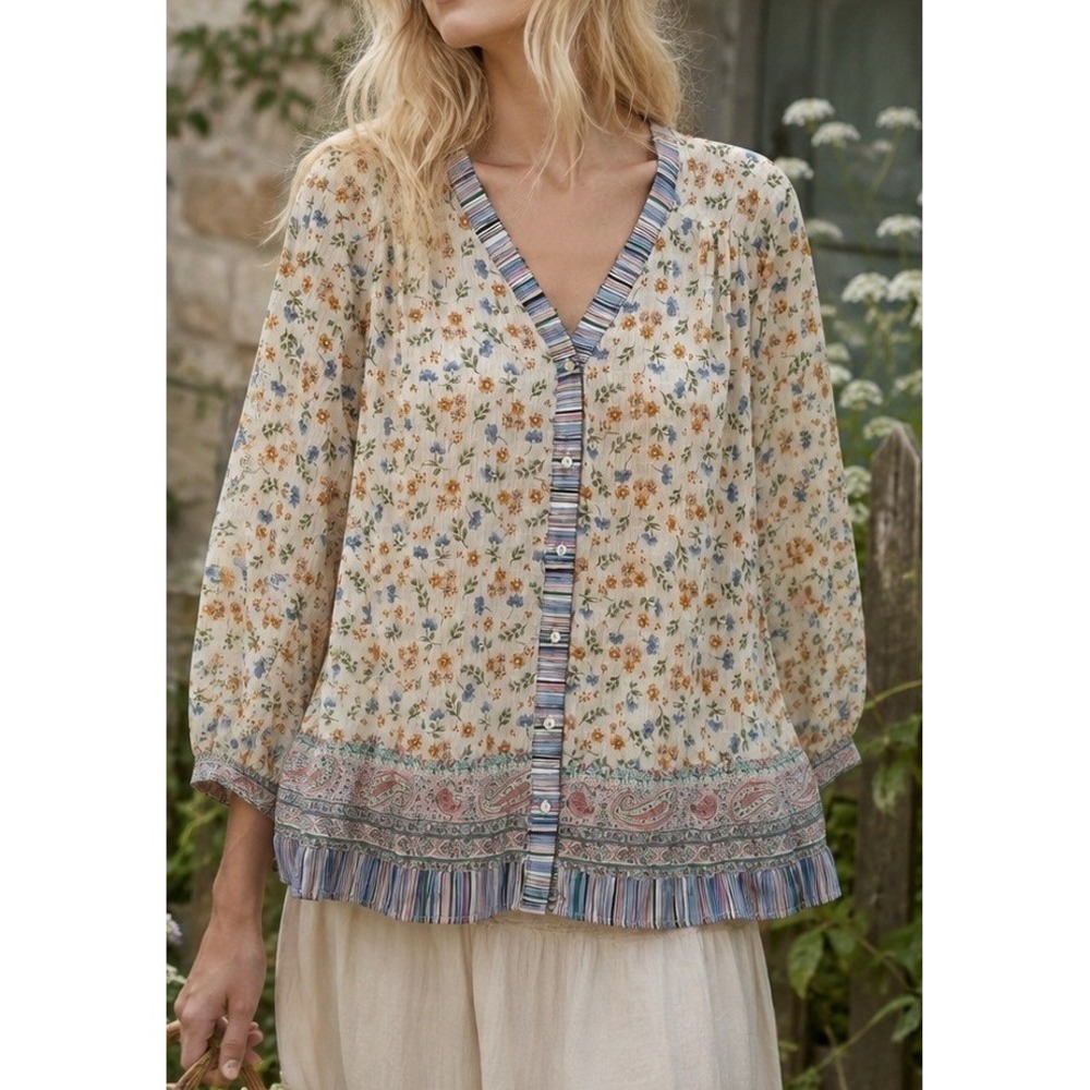 Easel Womens Floral Paisley Mixed Print Button Front Blouse S Boho Cottage Top